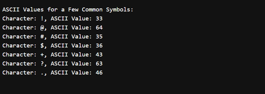 C Program to Print ASCII Values of Symbols