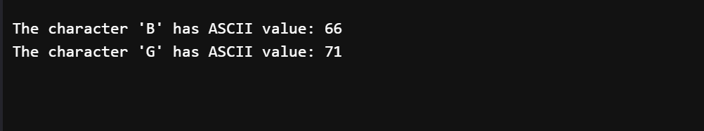 How to Find the ASCII Value of a Character in C - Method 1 output