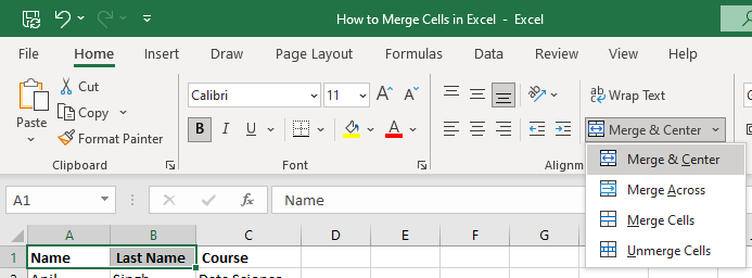 Steps to Merge Cells in Excel using Merge and Centre2