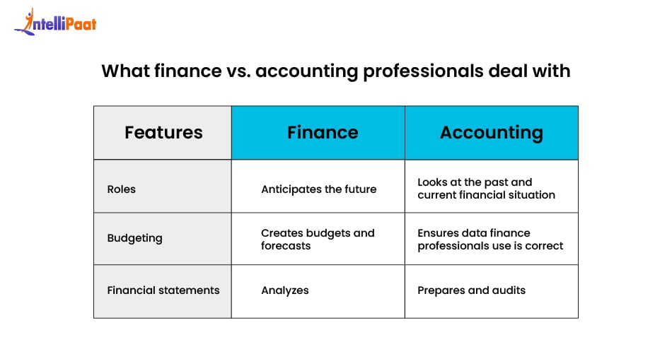 What finance vs accounting professionals deal with
