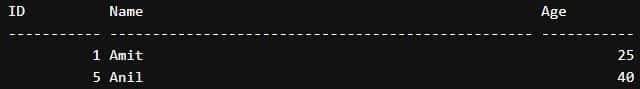 where clause like operator output