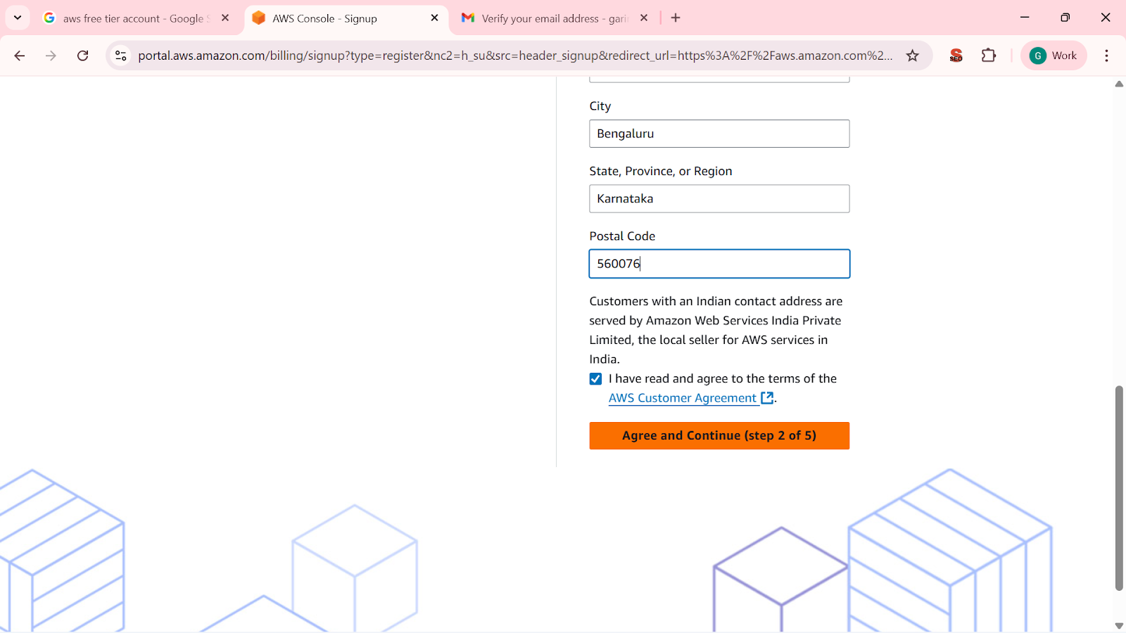 Add your address in AWS Account free registration