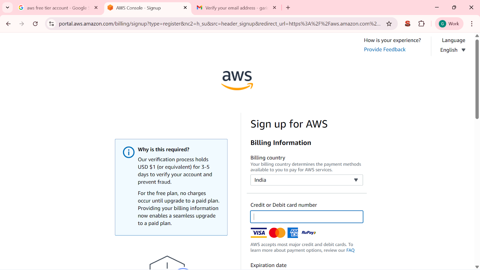 Add your billing details for AWS account free registration