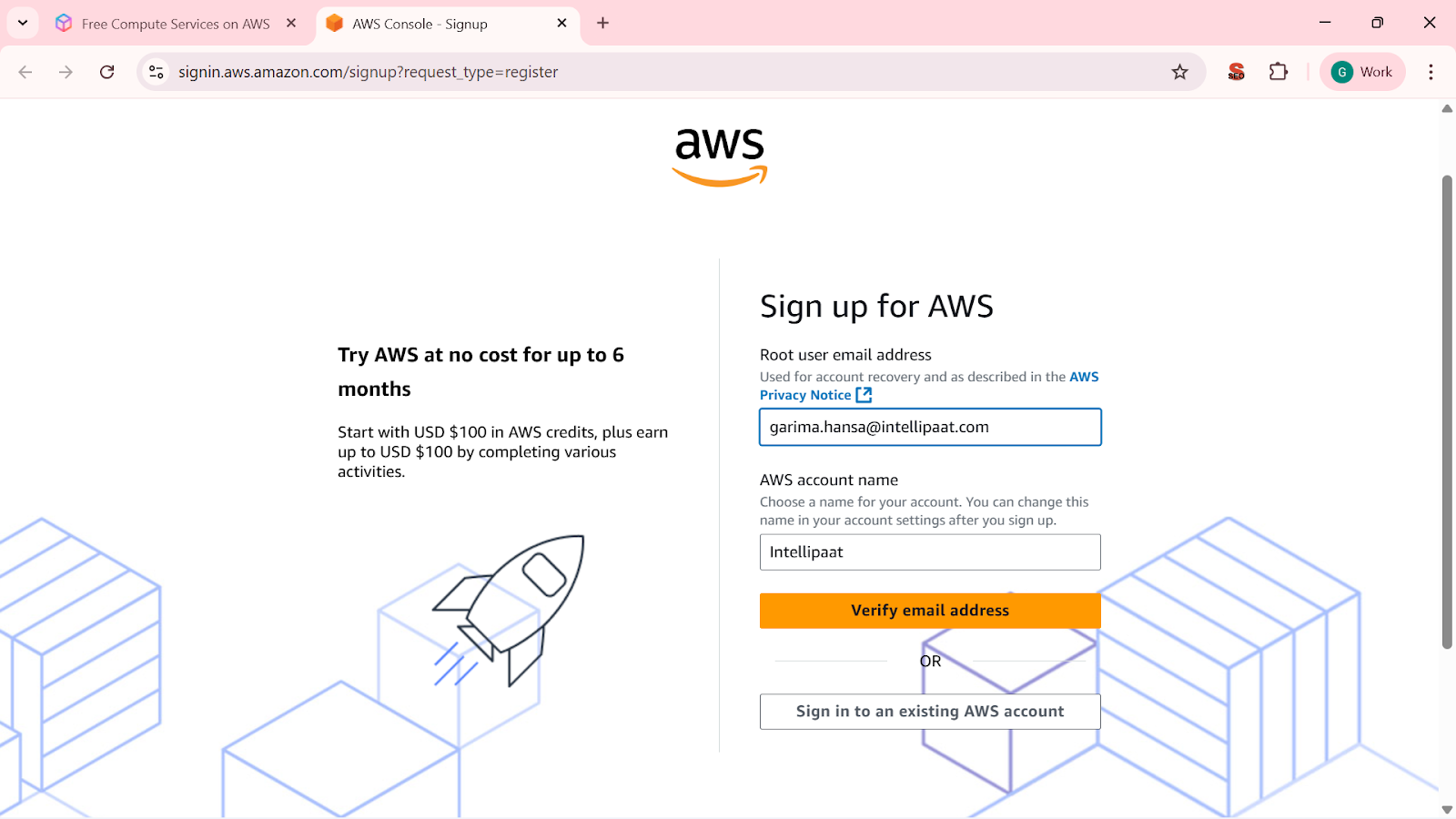 Email information for AWS account free setup