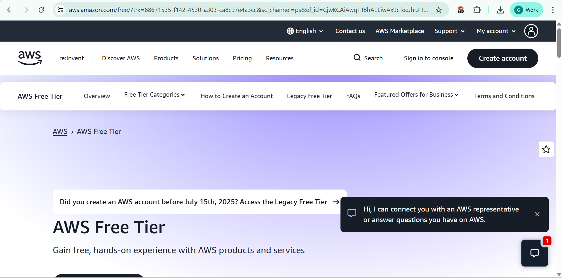 registration page for creating an AWS account Free 